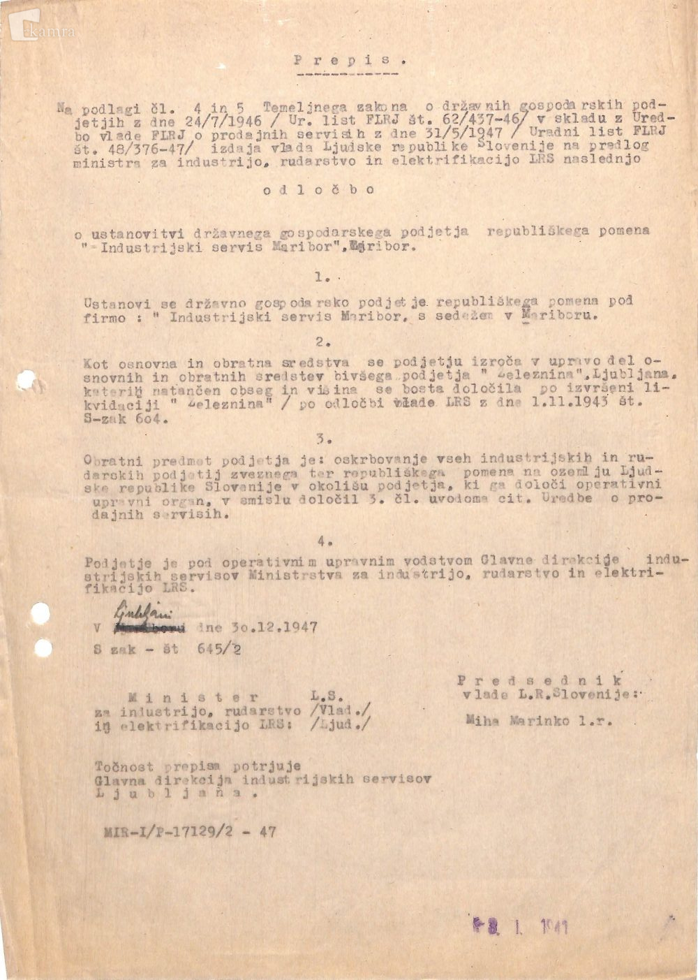 Odločba o ustanovitvi podjetja Industrijski servis Maribor, 30. 12. 1947