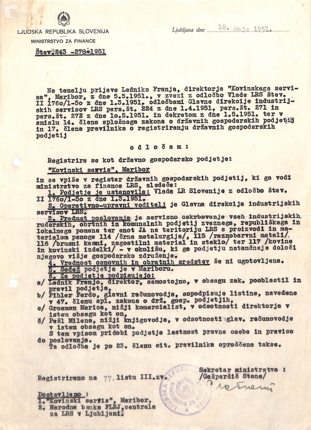 Odločba o registraciji podjetja Kovinski servis Maribor, 18. 5. 1951