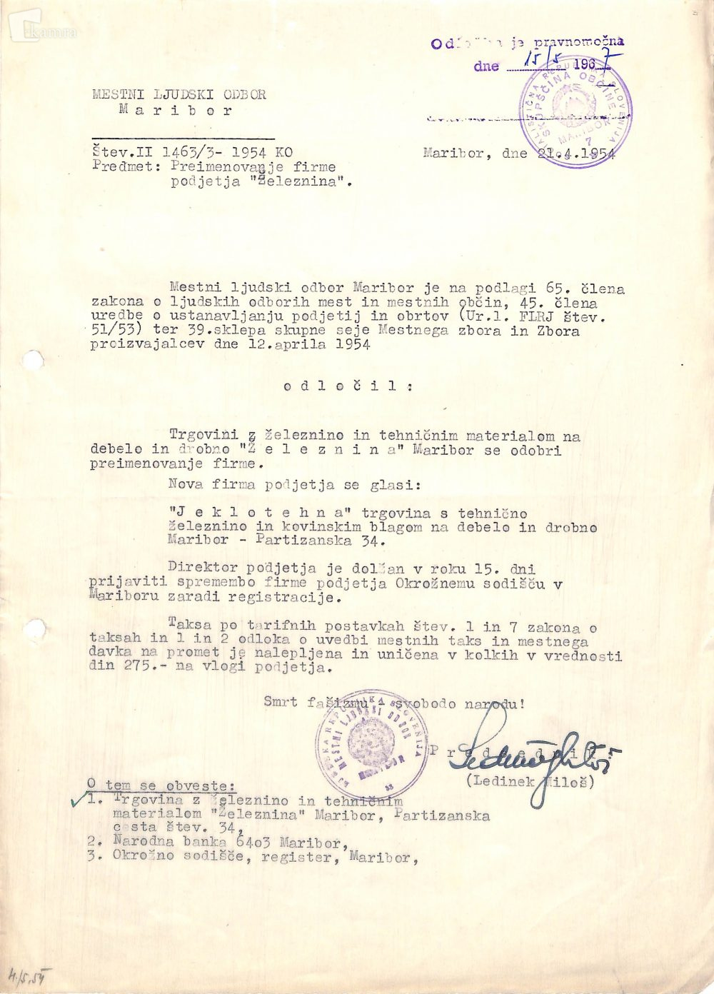 Odločba o preimenovanju podjetja Železnina Maribor, 21. 4. 1954