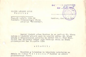 Odločba o preimenovanju podjetja Železnina Maribor, 21. 4. 1954