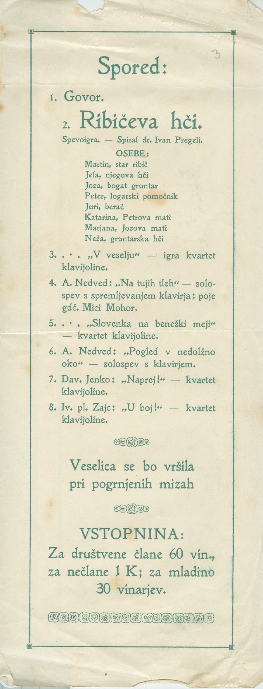 Vabilo na proslavo Izobraževalnega društva v Kranju z izvedbo Pregljeve spevoigre Ribičeva hči (2. stran)