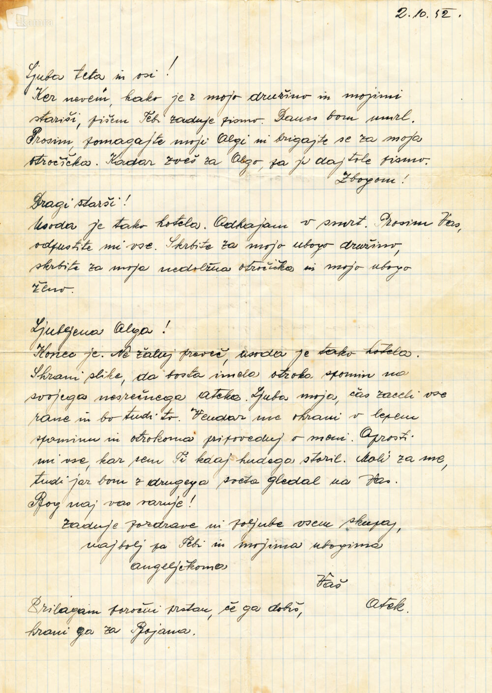 Poslovilno pismo Emila Hameršaka.