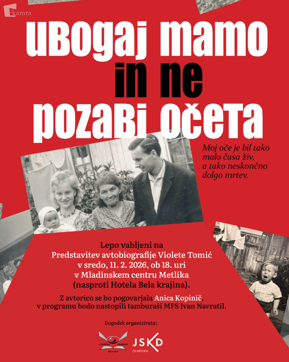 Ubogaj mamo in ne pozabi očeta - Violeta Tomić, plakat, vabilo na predstavitev knjige